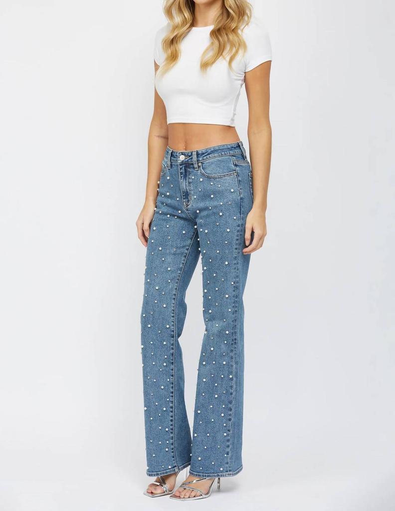 mica denim Mica Denim - High Rise Wide Leg Jeans With Pearl Embellishment
