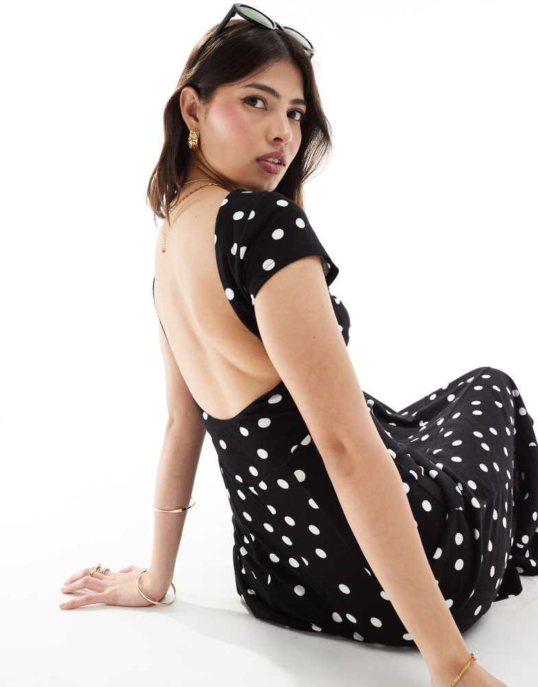 ASOS ASOS DESIGN short sleeve low back maxi dress in mono polka dot