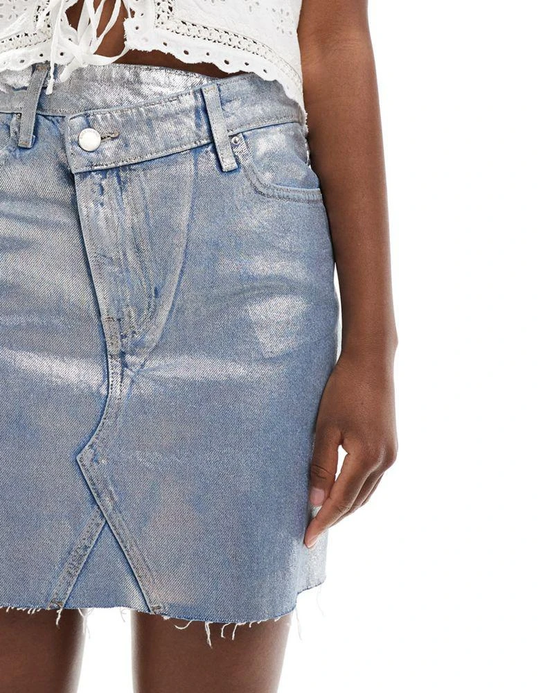 River Island River Island denim mini skirt with crossover waist in metallic blue 3