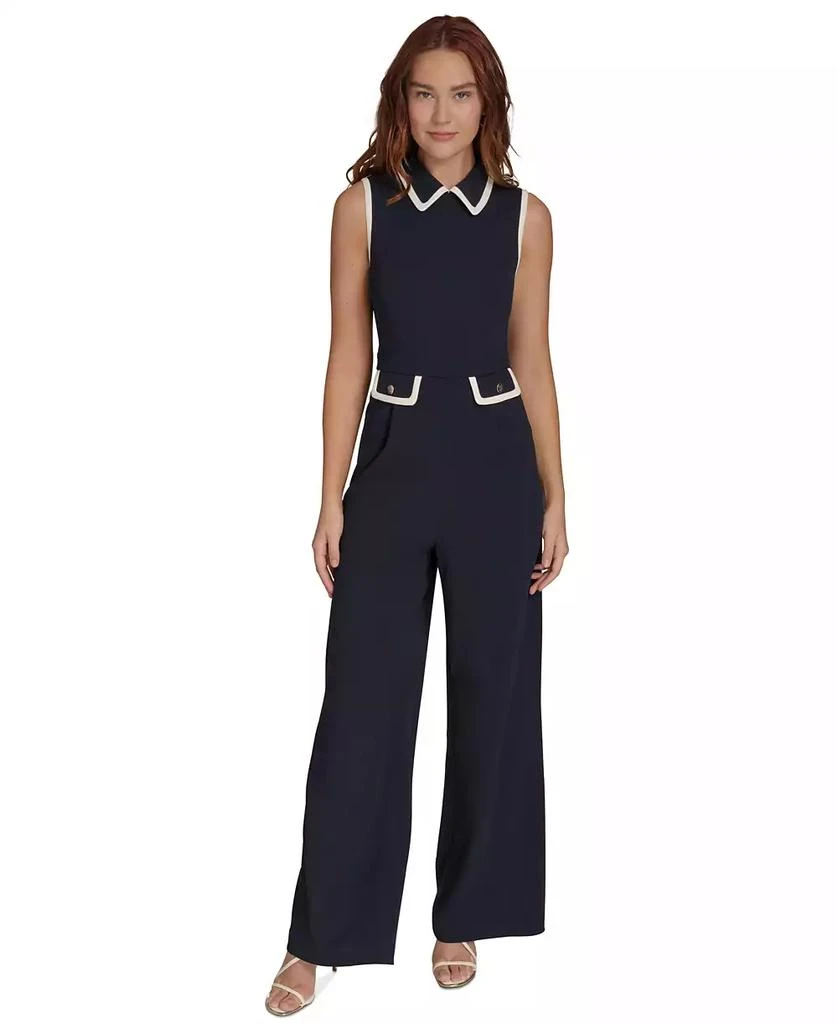 Tommy Hilfiger Women's Collared Contrast-Trim Sleeveless Straight-Leg Jumpsuit 1