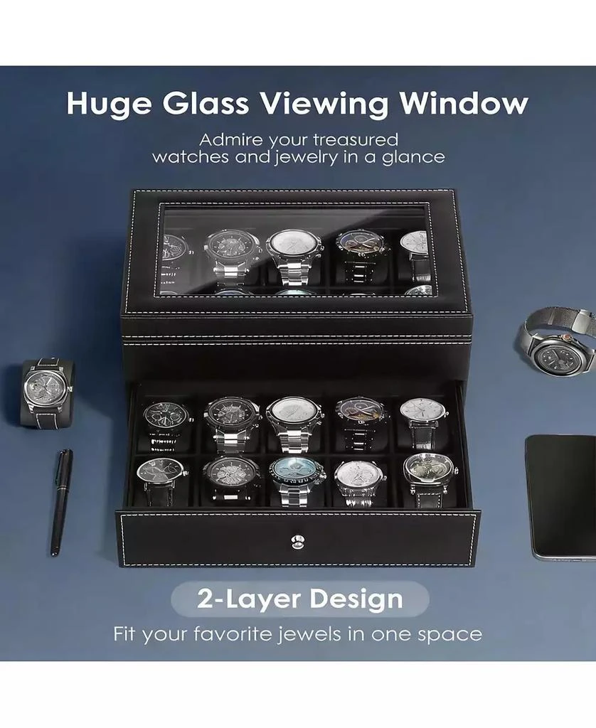 YIGII 20-Slot PU Leather Watch Box with Clear Glass Lid and Removable Cushions 2