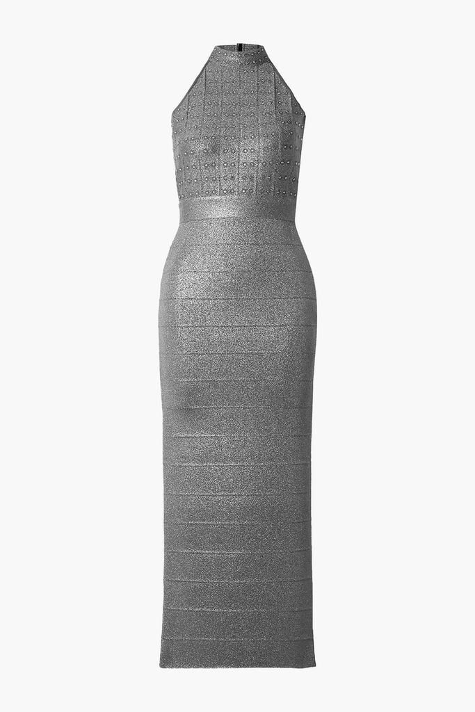 Herve Leger Crystal-embellished metallic bandage halterneck gown