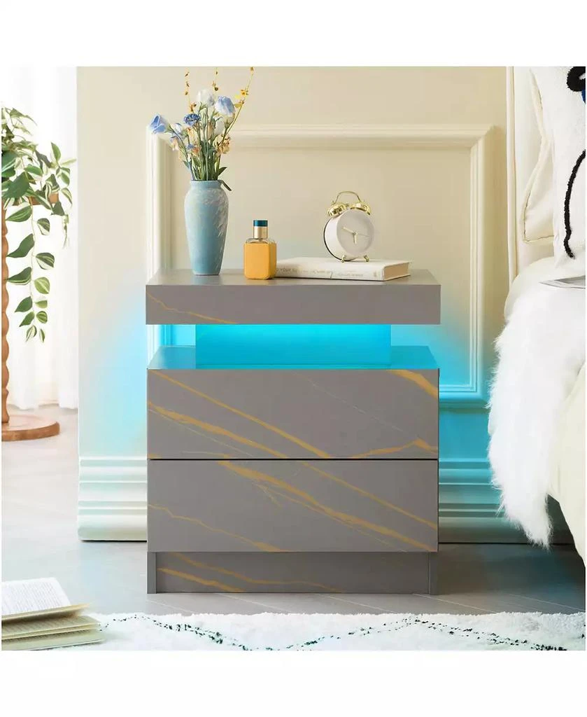 RAINSKEN LED Nightstand with 2 Drawers, Bedside Table Cabinet with Adjustable Color Lighting, Modern End Side Table for Bedroom, Living Room