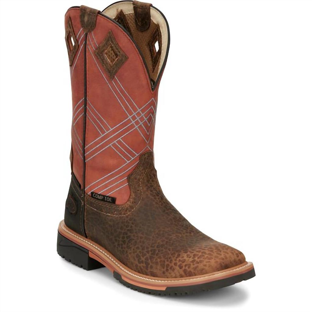 Justin Men's 12" Waterproof Leather Work Boot In Pecan