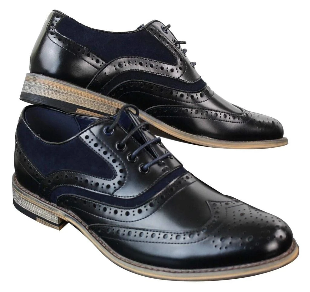 House Of Cavani Mens Classic Navy Suede Oxford Brogue Shoes in Black Leather 2