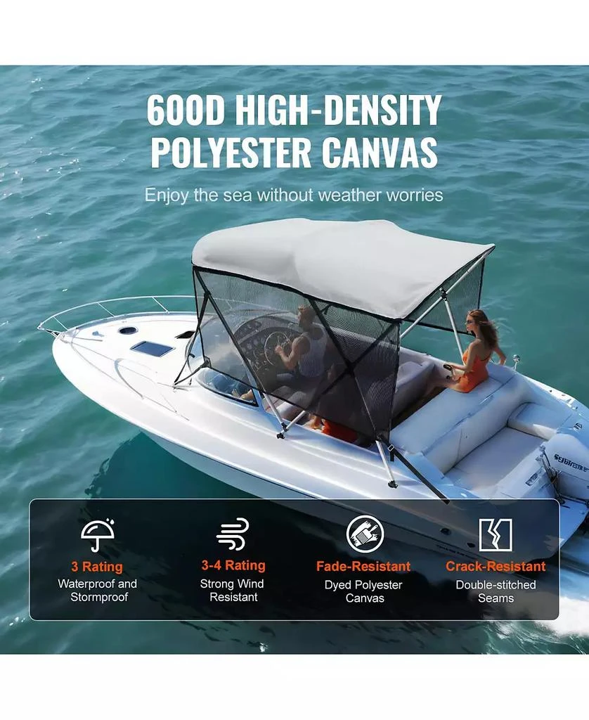 Mecale 3 Bow Bimini Top Boat Cover, 600D Polyester Canopy with Mesh Sidewalls, 1" Aluminum Frame, Storage Boot, Light Grey 6