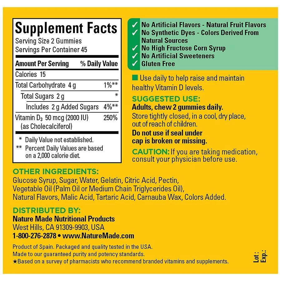 Nature Made Vitamin D3 2000 IU (50 mcg) Per Serving Gummies Strawberry, Peach 
Mango 4