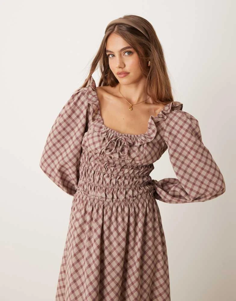 Glamorous Glamorous tie front square neck volume sleeve maxi dress with shirring and bow in red check 4
