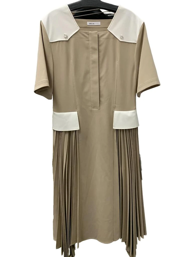 Adeam Midi Pleated Dress In Taupe-Ivory 2