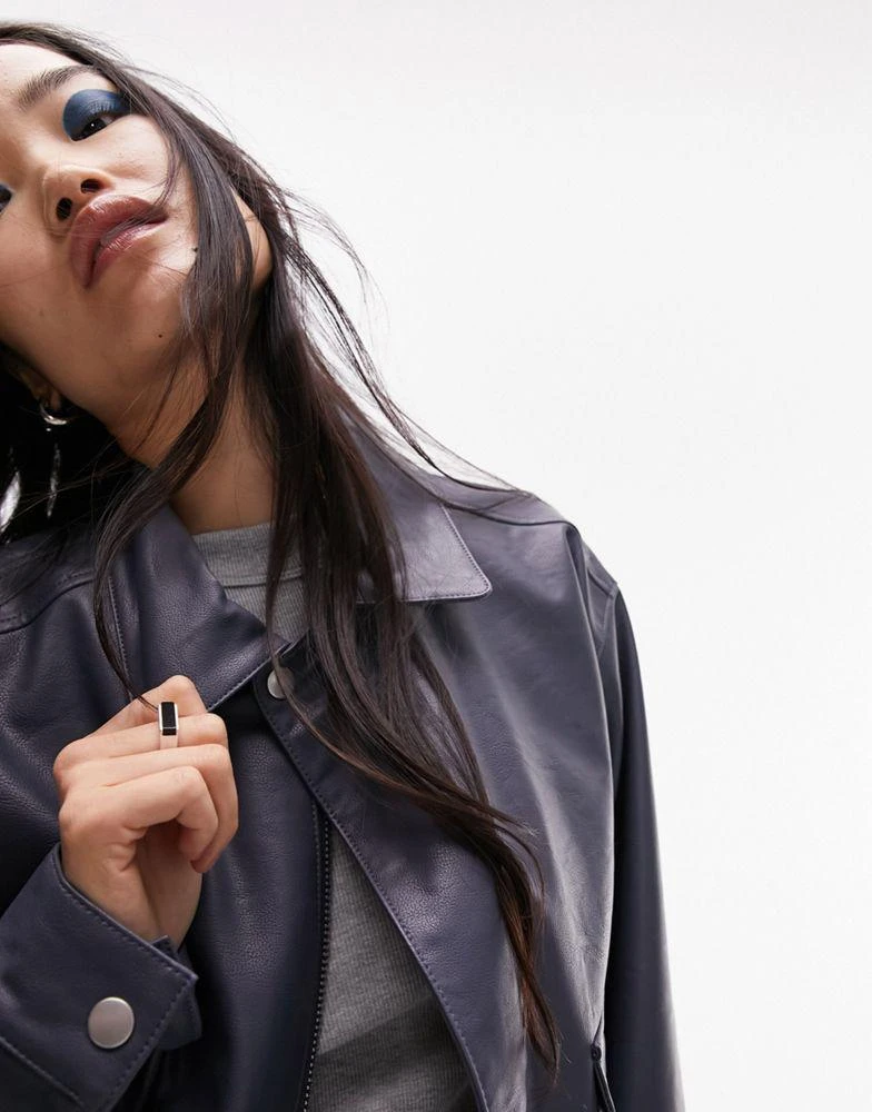 Topshop Topshop faux leather oversized pocket collar bomber jacket in blue 3
