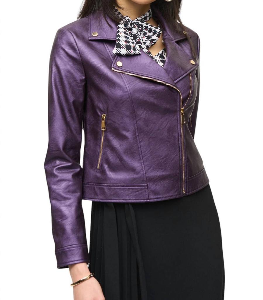 JOSEPH RIBKOFF Joseph Ribkoff - Metallic Faux Leather Biker Jacket