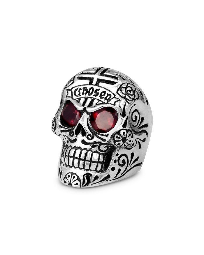 King Baby Men's Sterling Silver Garnet Sugar Skull Chosen Ring