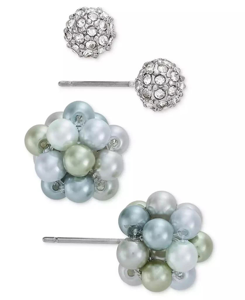 Charter Club Silver-Tone 2-Pc. Set Pavé Fireball & Color Imitation Pearl Stud Earrings, Created for Macy's 1