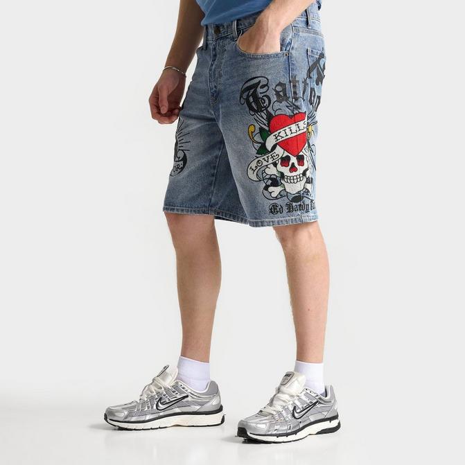 ED HARDY Men's Ed Hardy Skull Skater Denim Shorts