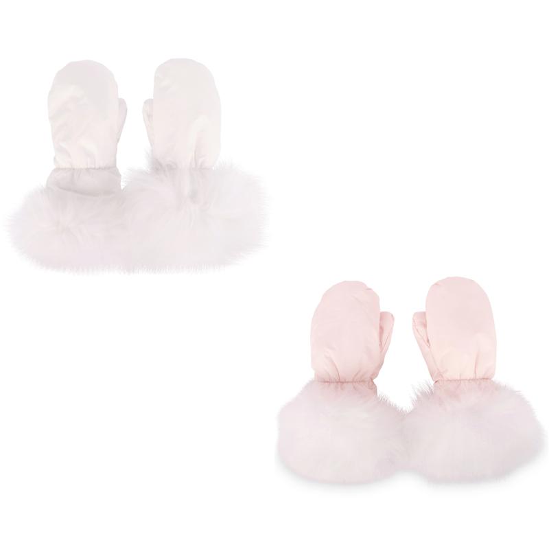 Yves Salomon Fur detailing down padded mittens set in white and pale pink