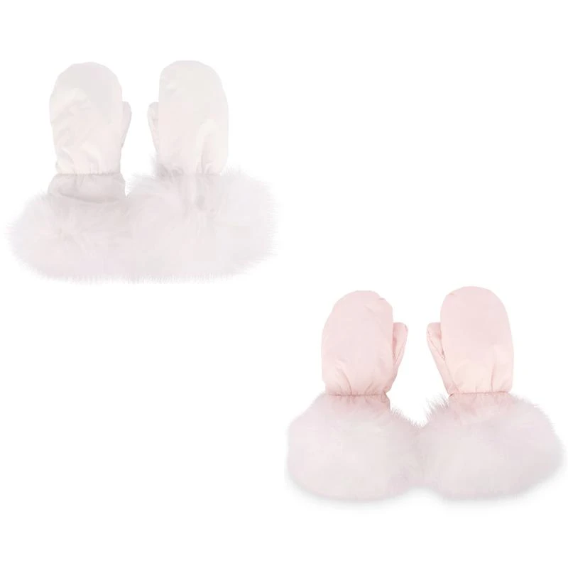 Yves Salomon Fur detailing down padded mittens set in white and pale pink 1
