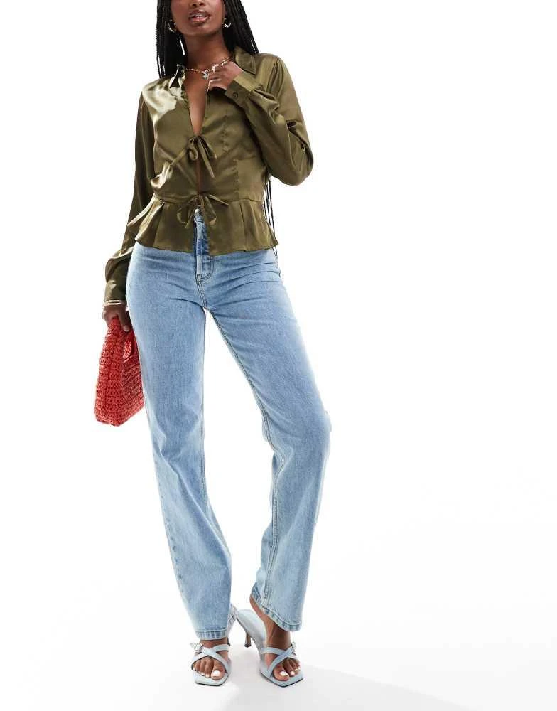ASOS ASOS Design tie front satin shirt in khaki 2