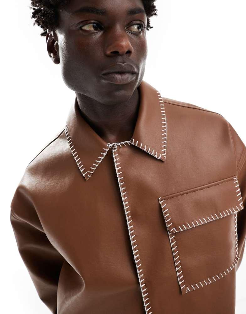 ASOS ASOS DESIGN oversized faux leather harrington jacket with contrast stich in brown