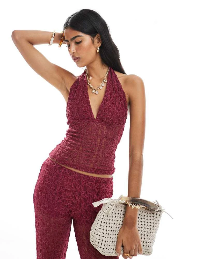 Pull&Bear Pull&Bear lace halterneck top co-ord in burgundy 1
