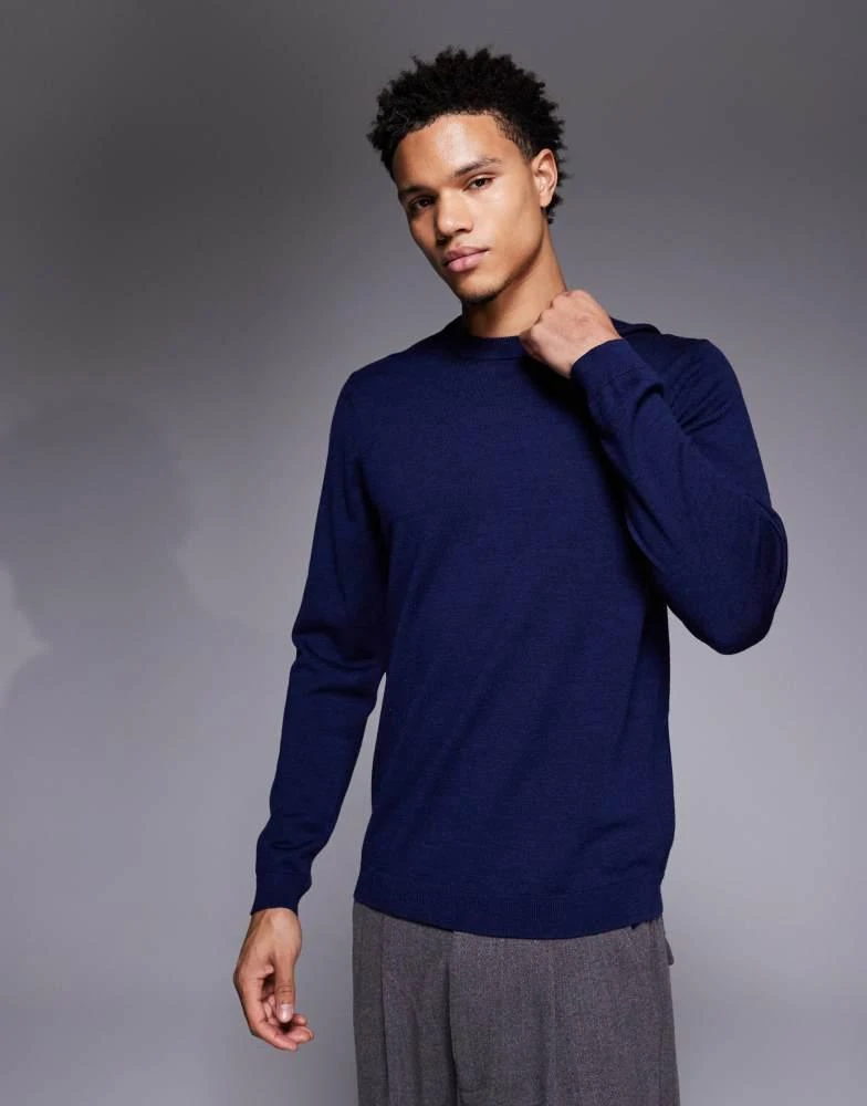 ASOS ASOS DESIGN knitted long sleeve pure merino wool crew neck in navy
