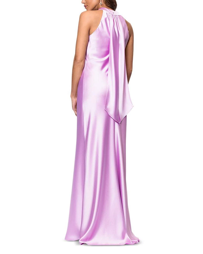 AQUA Long Satin Tie Neck Gown - Exclusive 2