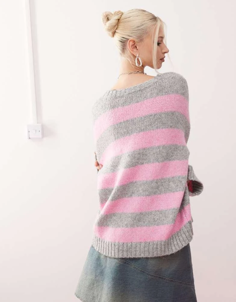 Monki Monki crew neck knitted sweater in pink and grey stripe 2