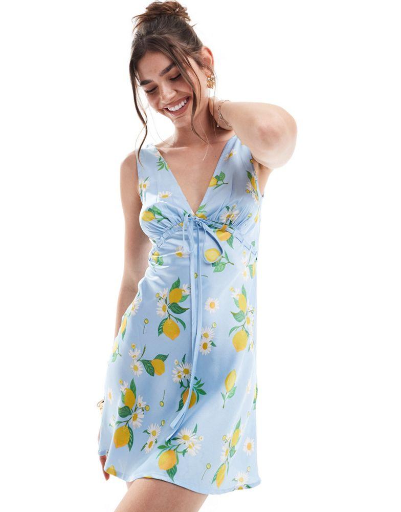 ASOS ASOS DESIGN satin v neck mini slip dress with underbust tie detail in lemon print