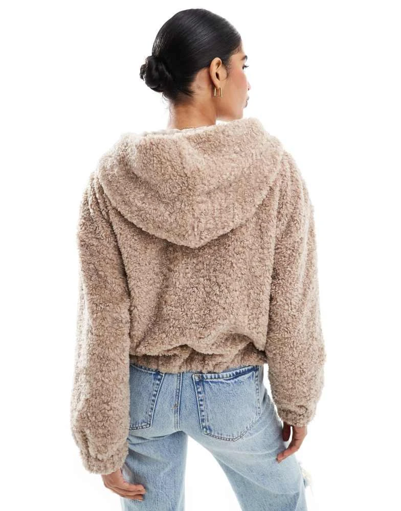 HOLLISTER Hollister fuzzy zip up hoodie jacket in dark beige 4