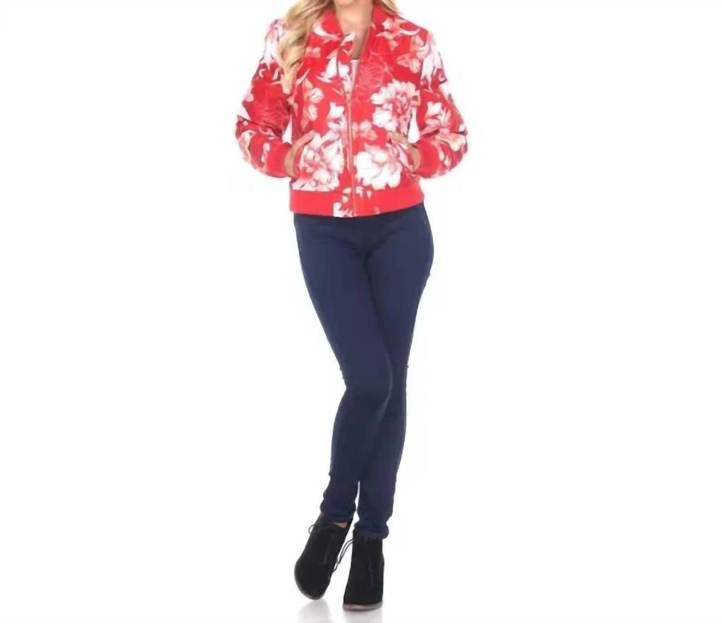 White Mark Floral Bomber Jacket In Red 2