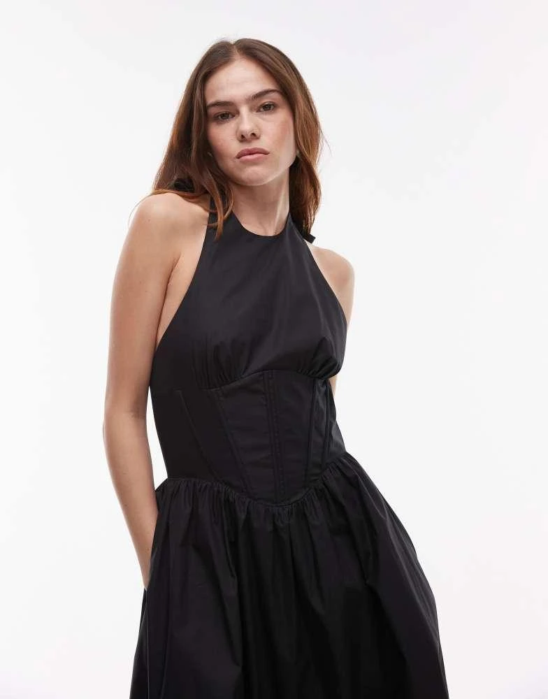 knee length dresses for ladies Miss Circle Reina Blue Cotton Poplin Drop Waist Corset Midi Dress S