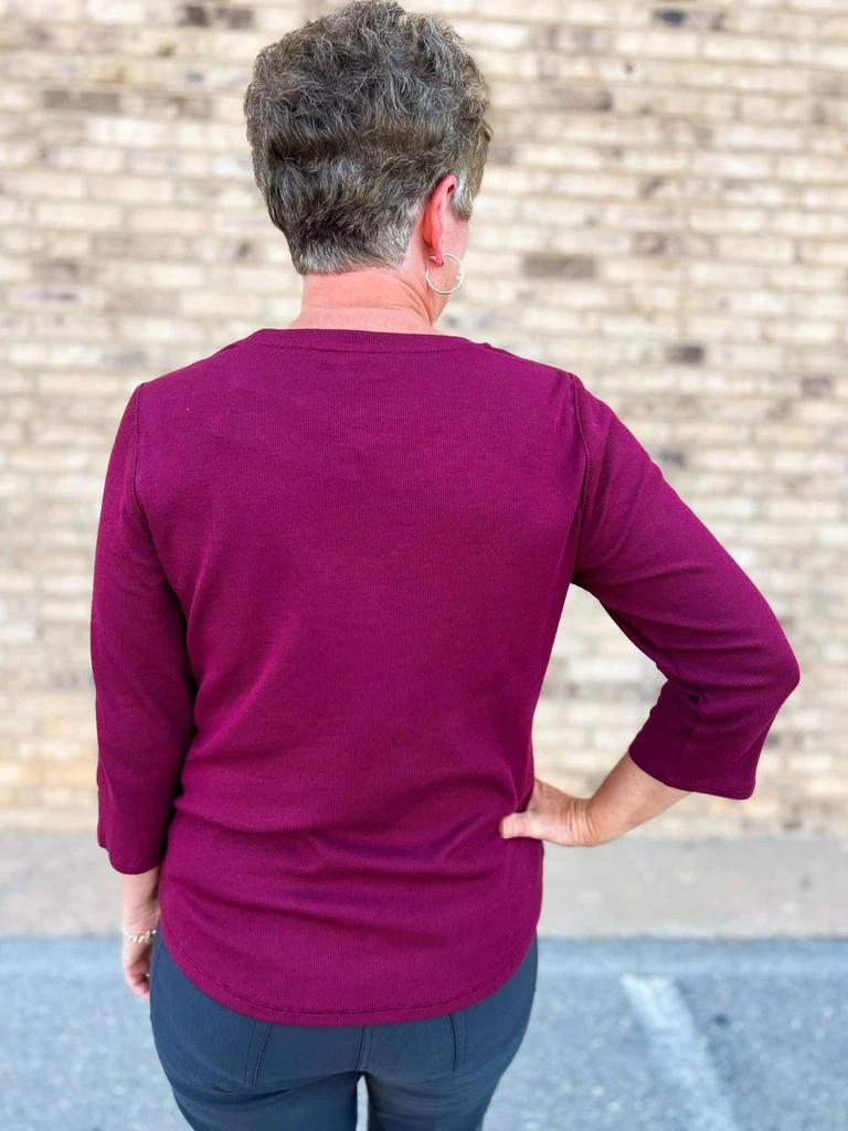 FDJ Three Fourth Sleeve Scoop Neck Top Baby Rib In Cabernet 2