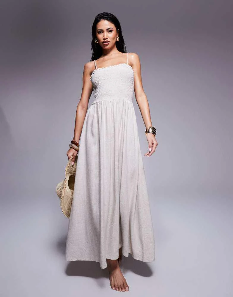 ASOS ASOS DESIGN Isabel linen blend shirred bandeau beach dress in natural 1