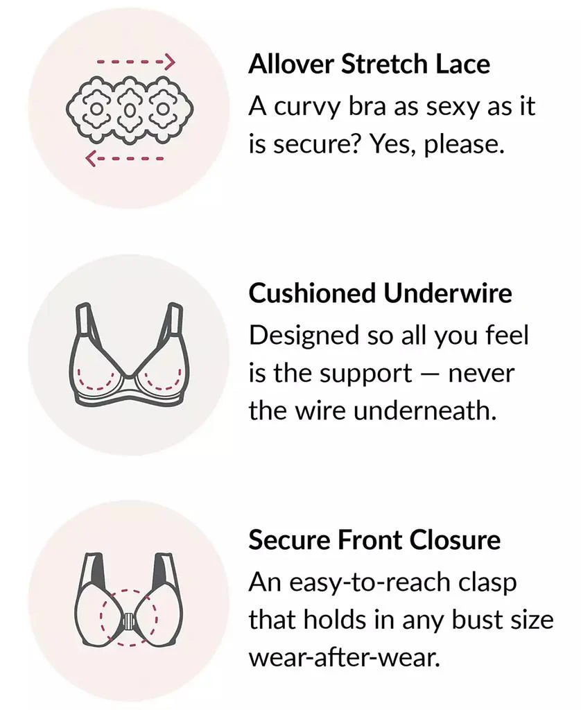 Glamorise Women's Full Figure Plus Size Wonderwire Front Close Stretch Lace Bra 9245 6