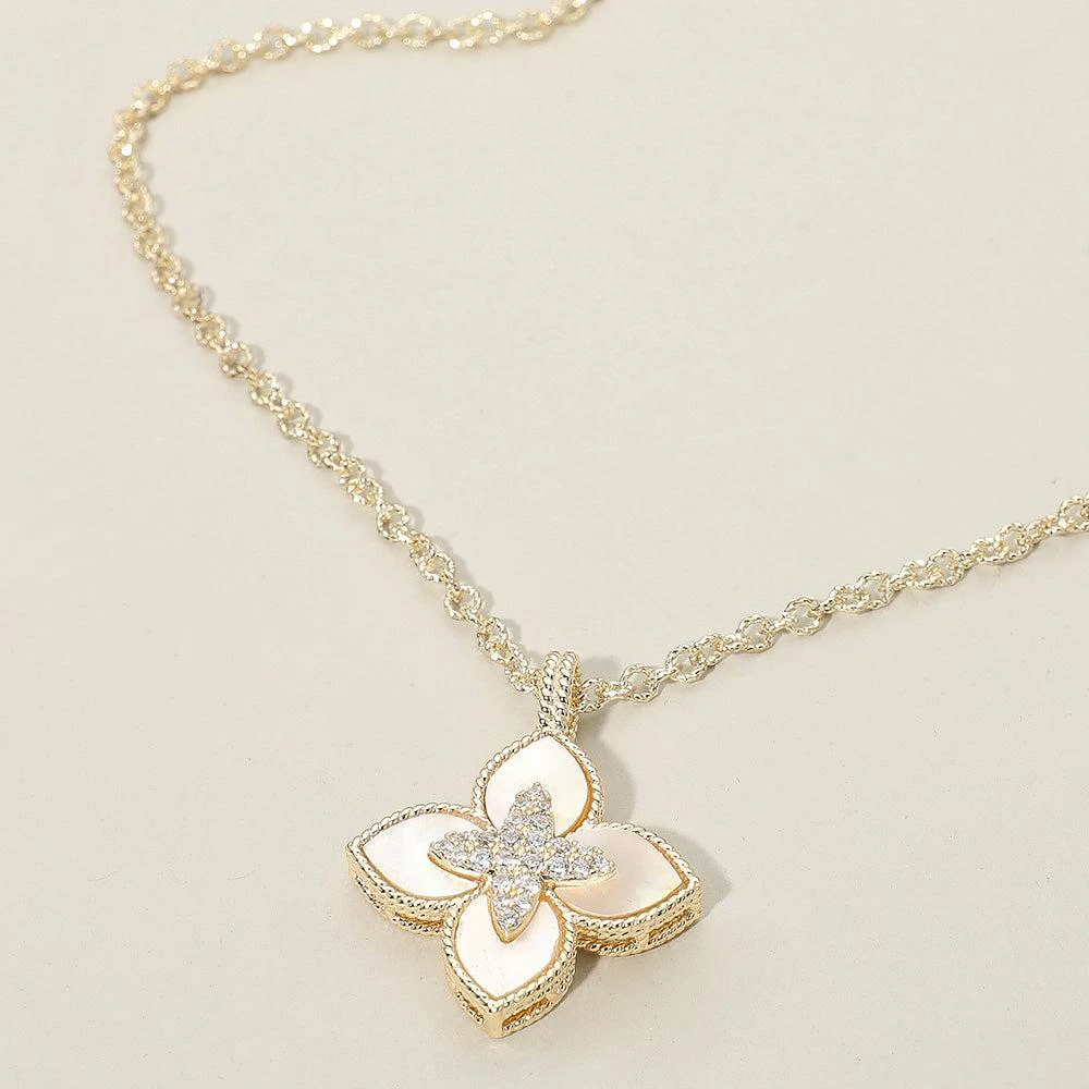 FASHNZFAB 14K Gold Plated CZ Stone Paved Center Mother of Pearl Floral Clover Pendant Necklace - Gold, Mother of Pearl