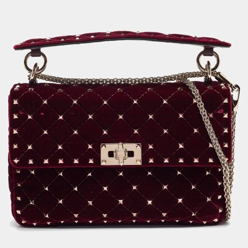 Valentino Valentino Burgundy Velvet Medium Rockstud Spike Top Handle Bag 1