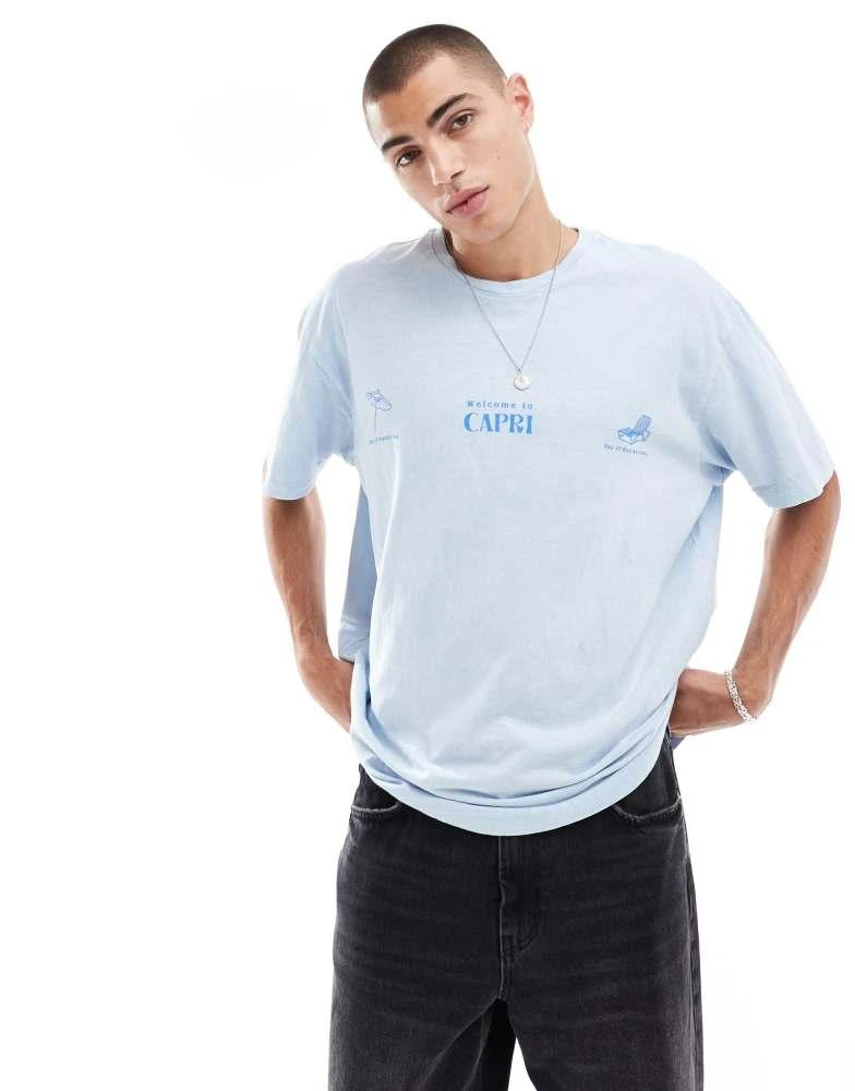 Bershka Bershka boxy fit Capri printed t-shirt in washed blue 2