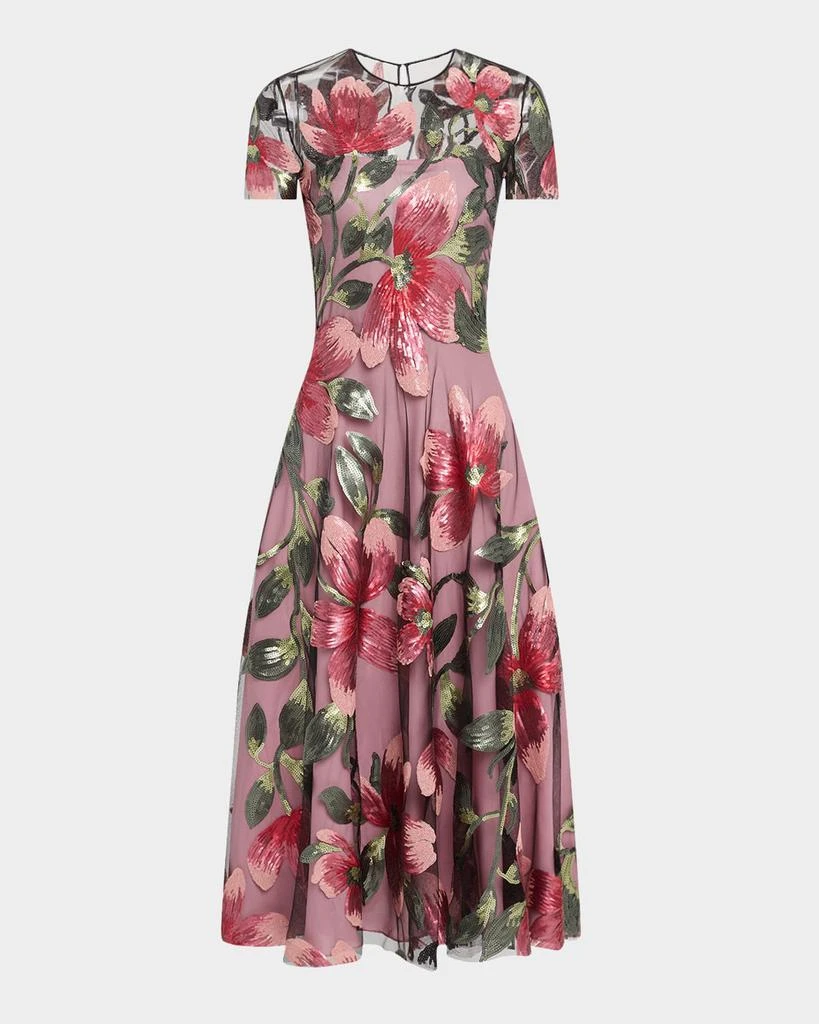 Naeem Khan Floral Matte Sequined Tulle Cap-Sleeve Cocktail Dress 1