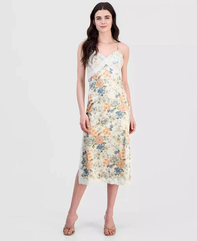 juniors floral dress midi Adjustable Spaghetti Strap Floral Satin Midi Junior Bridesmaid Dress In  Cottage Rose Larkspur