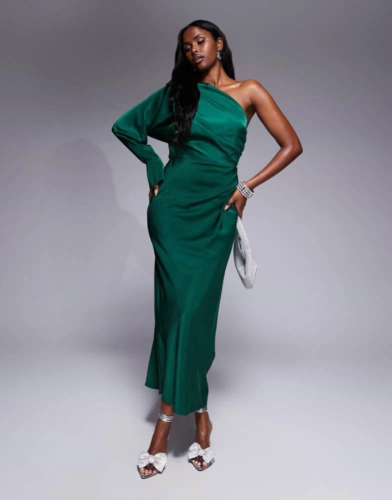 Shop ASOS DESIGN satin flared sleeve off shoulder midi dress in