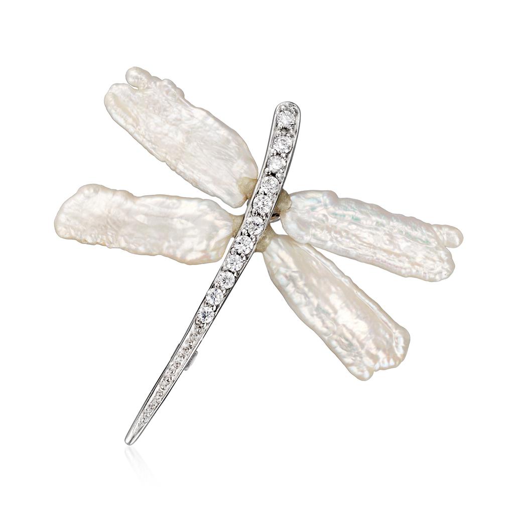 Ross-Simons 6x20mm Cultured Pearl and . CZ Dragonfly Pin/Pendant in Sterling Silver