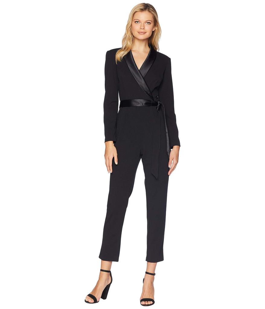 Adrianna Papell Knit Crepe Wrap Top Jumpsuit with Long Sleeves, Slim Pants, and Stretch Charmeuse Collar