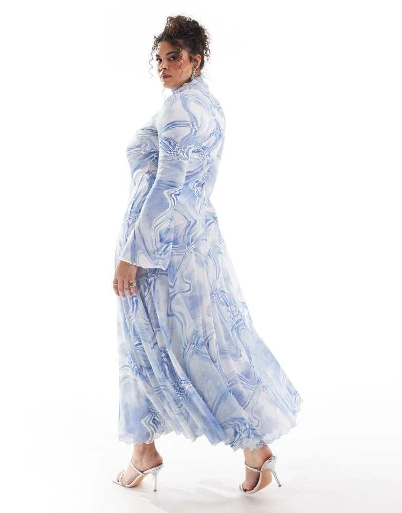 ASOS ASOS DESIGN Curve mesh high neck long sleeve a-line maxi dress in blue abstract print 4