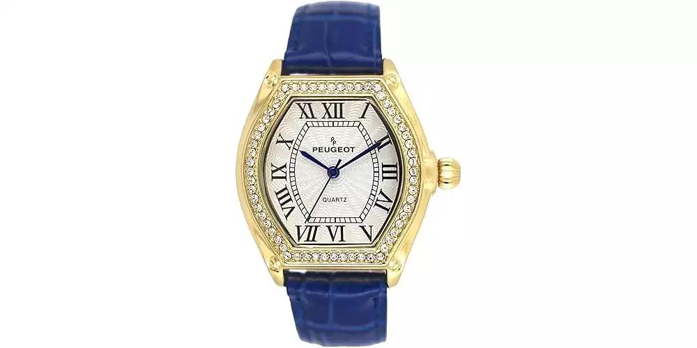 Peugeot Women's 36mm Blue Watch Barrel Shaped Tank Case Leather Strap