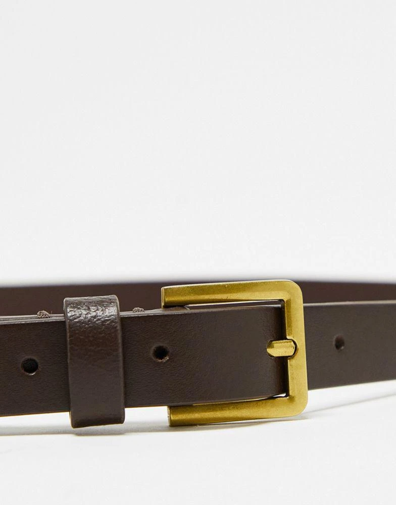 ASOS ASOS DESIGN smart leather skinny belt with gold buckle in brown 4
