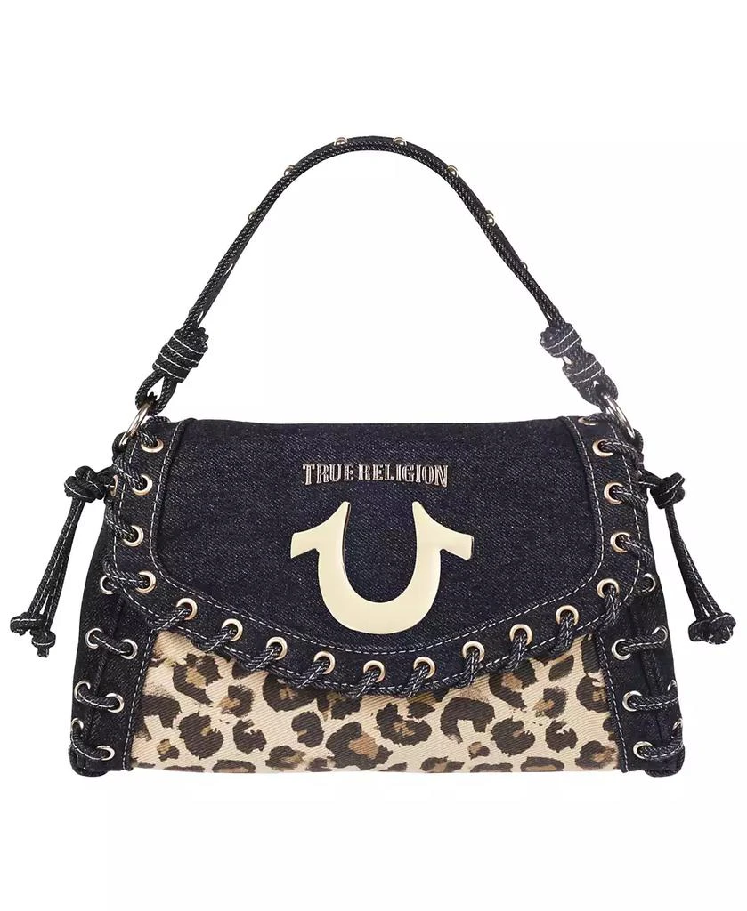 True Religion Denim Leopard Eyelet Trim Flap Bag