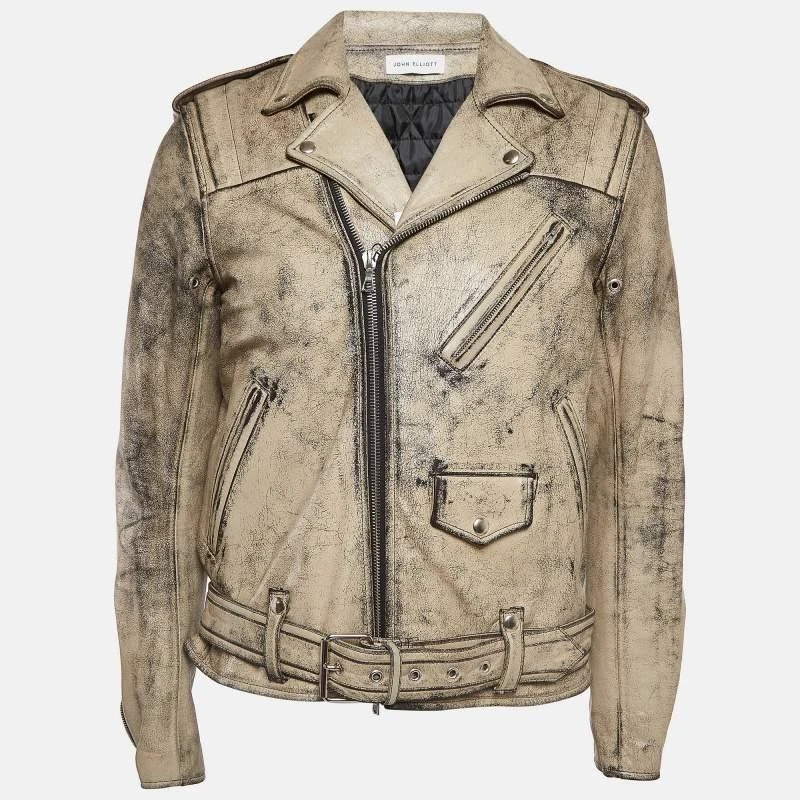 John Elliott John Elliott X Blackmeans Beige Distress Ivory Paint Leather Riders Jacket XL 1