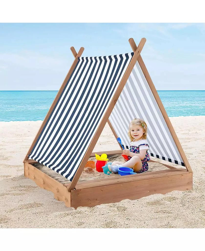 Costway Wooden Sandbox with Canopy Tent Design Fir Wood Frame 2 Bench Seats Bottom 2