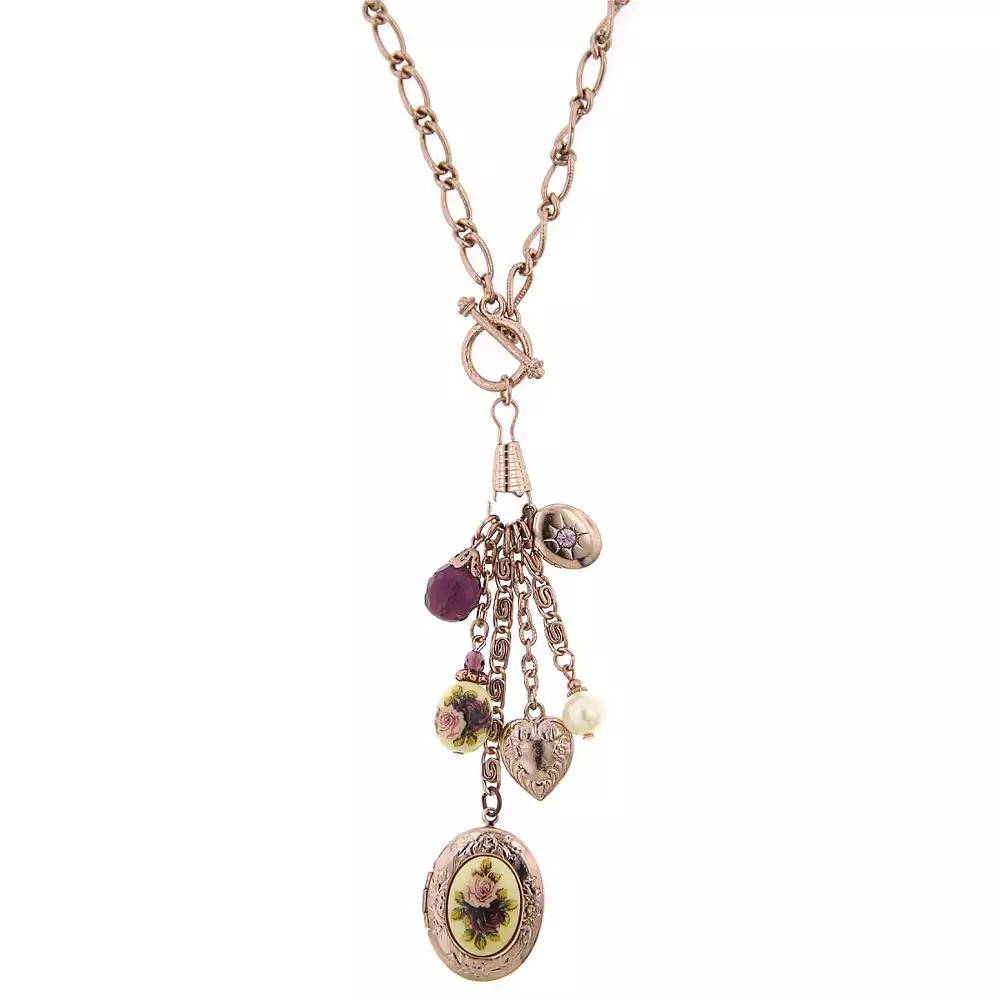 2028 Rose Gold-Tone Purple Crystal Heart and Locket Charm Toggle Necklace 20"