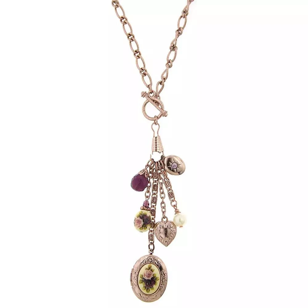 2028 Rose Gold-Tone Purple Crystal Heart and Locket Charm Toggle Necklace 20" 1