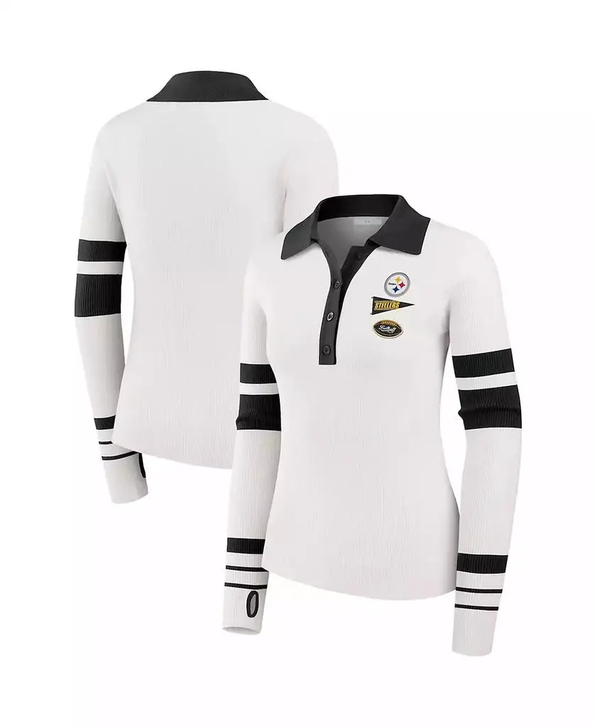 WEAR by Erin Andrews Women's White Pittsburgh Steelers Ribbed Henley Polo Sweater